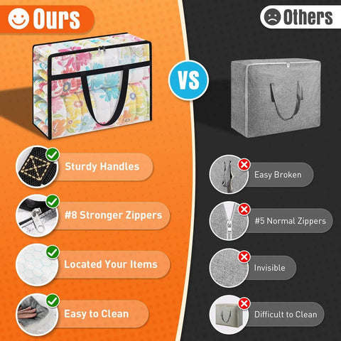 Comparison of colorful and gray 60L under bed storage bags with lids, highlighting sturdy handles and ease of cleaning.