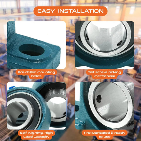 Close-up view of 2 Pack Pillow Block Bearings UCP208-24 Chrome Steel Mounted, highlighting features and installation process.