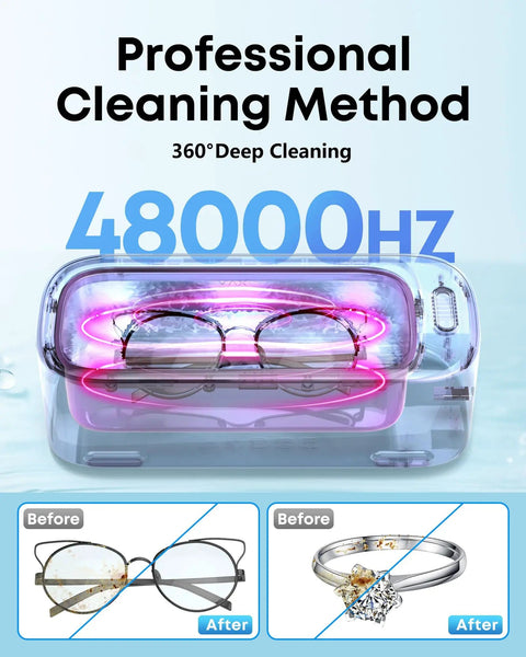 48KHz Ultrasonic Jewelry Cleaner With Dual Modes And Degas Function, glasses in 19oz 304 stainless steel tank, deep 360 degree cleaning