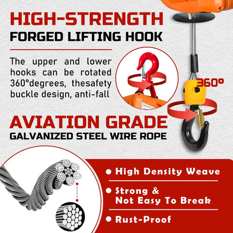 3-in-1 electric hoist winch, 1100 lb capacity, 1500W, orange hoist head, galvanized steel wire rope and hook