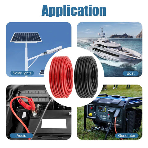 8 AWG Beefy Battery Power Cable 5ft Red And 5ft Black Flexible OFC Copper Welding Cable With Lugs Terminal Connectors And Heat Shrink Tube For Automotive Battery Inverter Boat And Generator, shown for solar lights, boat, audio, generator