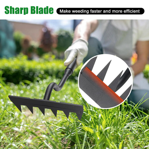 Person using Long Handle 56 Inch Six Tine Weeding Hoe And Weed Puller Tool For Lawn Garden Yard Patio And Backyard No Sweat Labor Saving Rake For Quick Weed Removal And Neat Beds on grass