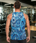Sick Pattern Mens Hella Breathable Mesh Tank Top With Secure Hidden Pocket And Bold Blue Gears Design Lightweight sleeveless workout vest back view.