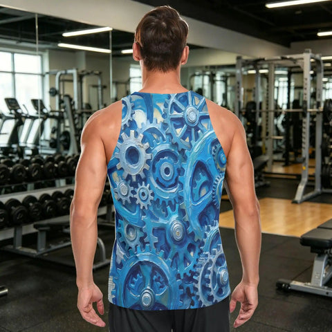 Sick Pattern Mens Hella Breathable Mesh Tank Top With Secure Hidden Pocket And Bold Blue Gears Design Lightweight sleeveless workout vest back view.