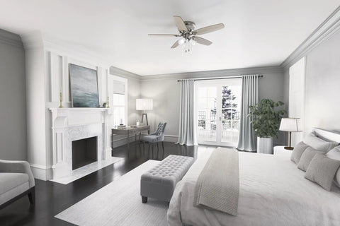 52 Inch Indoor Ceiling Fan With LED Lights, Pull Chain, Low Profile Flush Mount, 5 Blade Brushed Nickel Finish in modern bedroom