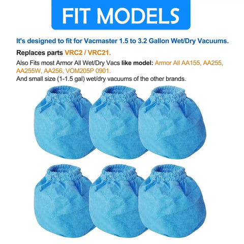 VRC2 Cloth Filter Bags For Vacmaster 1.5 To 3.2 Gallon Wet Dry Vacuums 6 Pack displayed with fit models list