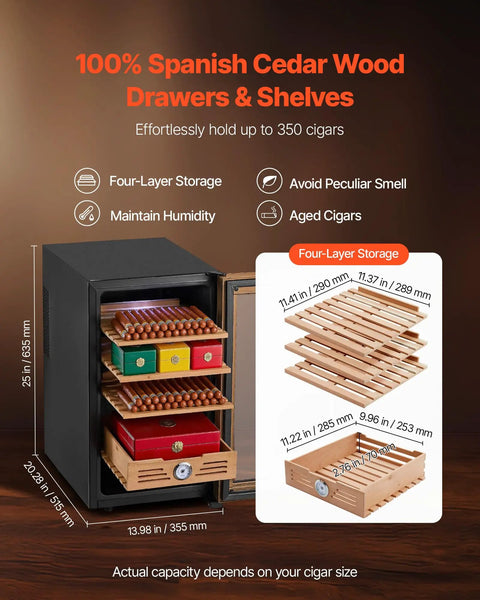 Electric Humidor For Home Use 48L Cigar Cabinet with Cooling Temperature Control, Spanish Cedar Shelves, 350 Count Capacity