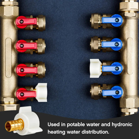 Four Pack One Half Inch PEX Female NPT Swivel Elbow Adapters Brass Crimp Fittings For Sink Faucets And RV Plumbing Water Lines Heavy Duty Brass And Plastic Construction Easy Install And Long Life, brass adapters on water manifold