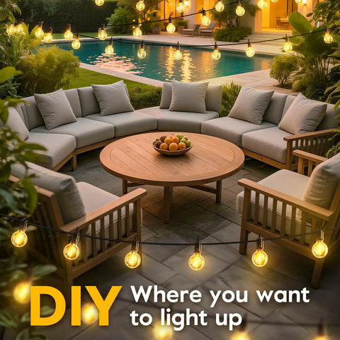 Solar Outdoor String Lights 38 Feet With 15 LED G40 Shatterproof Bulbs Waterproof illuminating patio furniture setup