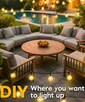 58 Ft Outdoor Solar String Lights With 25 G40 Plastic LED Bulbs illuminating a cozy backyard seating area at night.