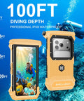 Gen 5 Diving Phone Case For 6.9 Inch Phones With Full Touchscreen Underwater Housing IPX8 Waterproof shown underwater with diver.