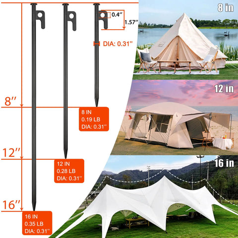 Beefy 8 Pack Tent Stakes Heavy Duty Metal Pegs For Camping Eight Inch Steel Ground Anchors with size comparison chart and tents