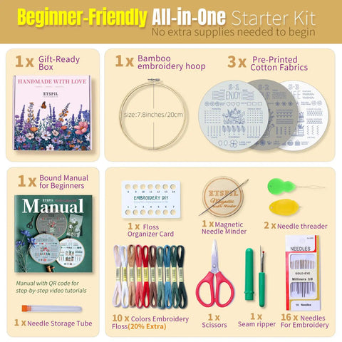 Beginner Embroidery Kit With Magnetic Needle Minder, 4K Video Tutorials, Pre Printed Floral Patterns, Bound Guide for Women
