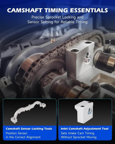 Camshaft timing tools for 1.0L-1.4L engines, including sensor locking tools, used for Chevy Aveo and Cruze maintenance.