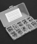 Pro Grade Glass Fuse Assortment Kit, 100 Piece Heavy Duty Set, 5X20mm Tube Fuses in clear organizer case, with labeled sections.