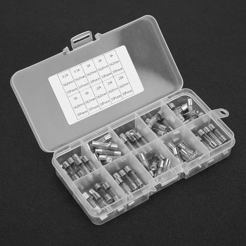 Top Shelf Glass Fuse Assortment 100 Piece Fast Blow Electrical Parts Kit in clear organizer with various fuse sizes.