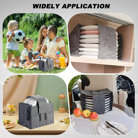 Road Ready Felt Plate Organizer And Campervan Cabinet Game Changer, Knockout Eight Slot Dinnerware Holder In Clean Gray in various settings.