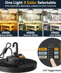 3 Color UFO LED High Bay Light 100W 3000K 4000K 5000K IP65 14,000 Lm 120 Degree Beam, cable, color scenes, and switch