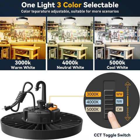 3 Color UFO LED High Bay Light 100W 3000K 4000K 5000K IP65 14,000 Lm 120 Degree Beam, cable, color scenes, and switch
