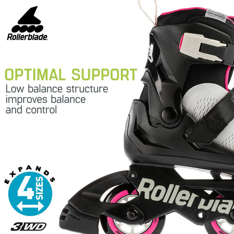 Kid's Adjustable Inline Skates With Lace-Free Closure, Black And Pink, Microblade 3WD Shell showing wheel and adjustable sizing