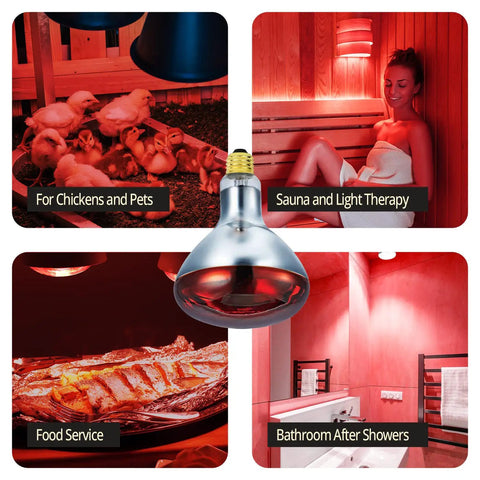Red Infrared Heat Lamp Bulb 250W R40 Flood Reflector E26 Base For Food Service And Home Use Pro Grade Brooder Poultry