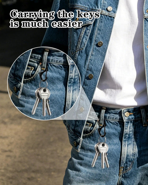 Person attaching keys to jeans with Beefy Anti Theft Zipper Clips For Backpacks Luggage And Purses, Dual Sided Spring Carabiner Hooks