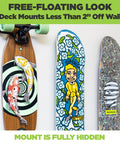 Steel Skateboard Deck Display Wall Mount No Drill Hanger For Decks Turn Your Skates Into Floating Wall Art Without Drilling Any Holes Patent Pending Today showing three skateboards mounted on wall