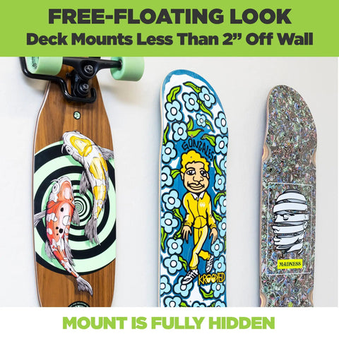Steel Skateboard Deck Display Wall Mount No Drill Hanger For Decks Turn Your Skates Into Floating Wall Art Without Drilling Any Holes Patent Pending Today showing three skateboards mounted on wall