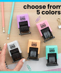 No Sweat Self Inking Date Stamp For Fast Shipping Receiving And Inventory Tracking Clean Black Ink With Easy Twist Dials For Expiration Checks And Reliable Violet Mount in various colors on a desk.