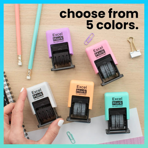 No Sweat Self Inking Date Stamp For Fast Shipping Receiving And Inventory Tracking Clean Black Ink With Easy Twist Dials For Expiration Checks And Reliable Violet Mount in various colors on a desk.