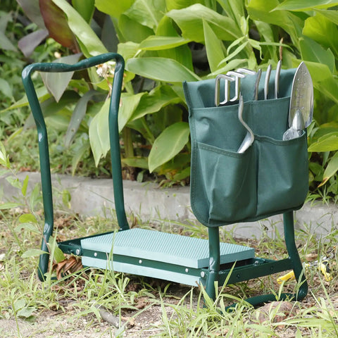 Foldable Garden Kneeler Seat With Tool Pouch, Portable Garden Bench With EVA Foam Padded Kneeling Pad, Doubles As Kneeler Or Seat, Built For Real Comfort While You Weed, Plant, And Prune On Level Surfaces, shown with tools in pouch
