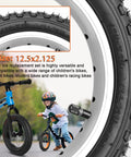 Close-up of Two Pack Kids Bike Tire Set, 12 And 12.5 Inch Folding Replacement Tires with a kid riding a bike.