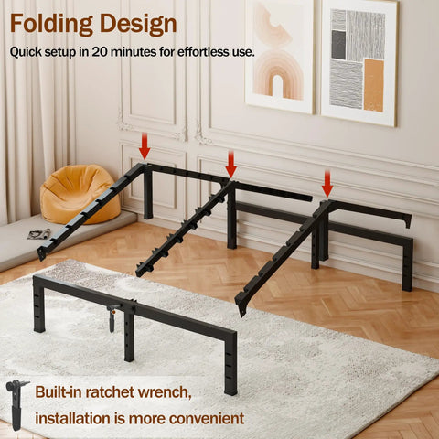 Rock Solid Full Size Bed Frame Featuring Heavy Duty Steel Slats And Recessed Middle Support Holds Three Thousand Five Hundred Pounds Dead Silent Setup Without Box Springs Easy To Assemble For Quick Sleep Tonight folding design with steel slats and ratchet wrench for easy assembly