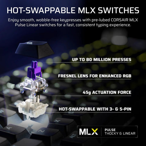 Black Galleon 100 RGB Mechanical Wired Gaming Keyboard With Insane Tactile Feedback And Built In Elgato Stream Deck Integration For A Truly Goated Player One Experience showing hot-swappable MLX switches and RGB details.