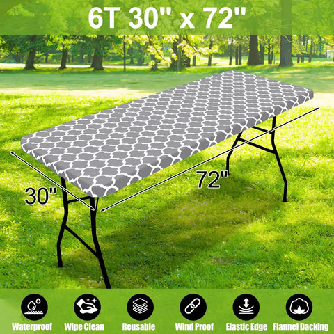 Elastic Flannel Backed Vinyl Table Cover For 6 Foot Tables Waterproof Wipeable Indoor Outdoor Rectangle Picnic Tablecloth Windproof Fit For No Fuss Everyday Use Grey 30x72 Inches.