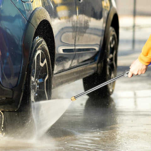 Person using Jet Nozzle Power Washer Wand With 2 High Pressure Nozzles And Quick Connectors For Garden Hose to clean car wheels