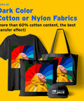 Dark Fabric Iron On Heat Transfer Paper applied on black t-shirt, tote bag, pillow, and cap.