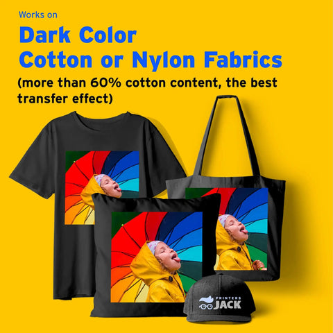 Dark Fabric Iron On Heat Transfer Paper applied on black t-shirt, tote bag, pillow, and cap.