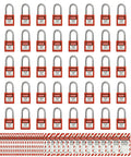 Lockout Tagout Kit With 50 Red Safety Padlocks And Tags Keyed Differently Two Keys Per Lock A Real Worksite Workhorse OSHA Compliant LOTO Locks For Lockout Tagout Stations And Devices arranged neatly.