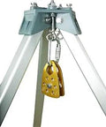 Confined Space Pulley For Tripod With Self Closing Locking Carabiner attached to tripod, corrosion-resistant industrial rescue gear.