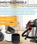 2 Pack Replacement Vacuum Filter Kit For 90304 90350 90333 90585 Wet Dry Vac Cartridges With Lids And Filter Foam Sleeve Fits Most 5 Gallon And Up Vacuum Cleaners For Home Garage Workshop, showing compatible models list and vacuum.