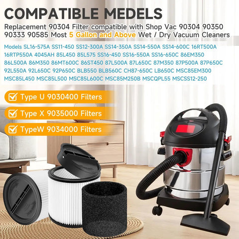 2 Pack Replacement Vacuum Filter Kit For 90304 90350 90333 90585 Wet Dry Vac Cartridges With Lids And Filter Foam Sleeve Fits Most 5 Gallon And Up Vacuum Cleaners For Home Garage Workshop, showing compatible models list and vacuum.