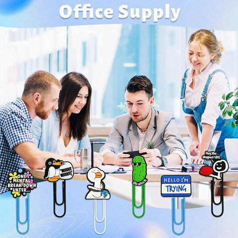 Office setting with Cheeky 30 Pack Large Funny Paper Clips Set featuring cartoon designs, ideal for coworkers and stress relief.