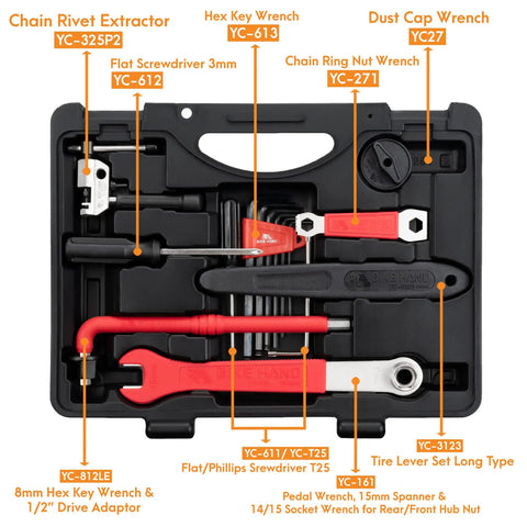 18 Piece Bike Repair Tool Kit Set with Torque Wrench for Mountain and Road Bikes, includes chain rivet extractor and wrench.