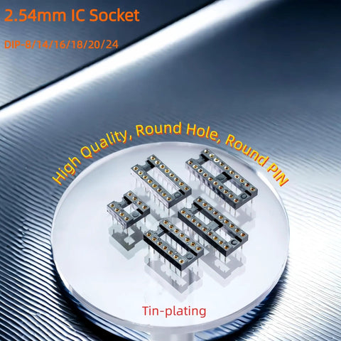 6 In 1 Narrow Body 2.54mm DIP IC Sockets Kit With Round Pin Solderable Headers on reflective surface
