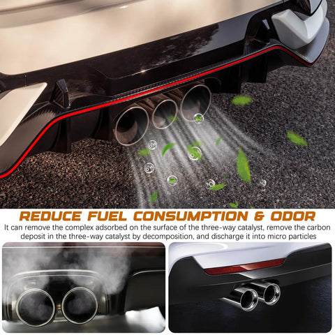 Rear view car exhaust demonstrating 3 Pack Catalytic Converter Cleaner Kit For Gas And Diesel Cars, 120 ml Each, Engine And Exhaust System Cleaner Additive, Carbon Buildup Removal in action with emission reduction effect
