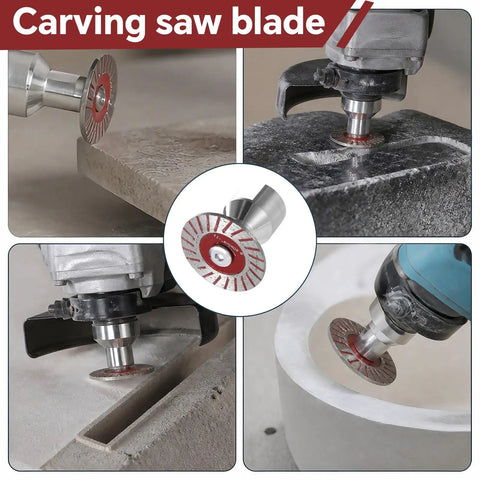 10 Piece Angle Grinder Diamond Saw Blades Set For Top Shelf Cutting On Granite Concrete Tile And Porcelain Includes Heavy Duty Aluminum Flange And Quick Swap Hardware For Zero Sweat Finishing Work; close-up of carving saw blade in use on stone.