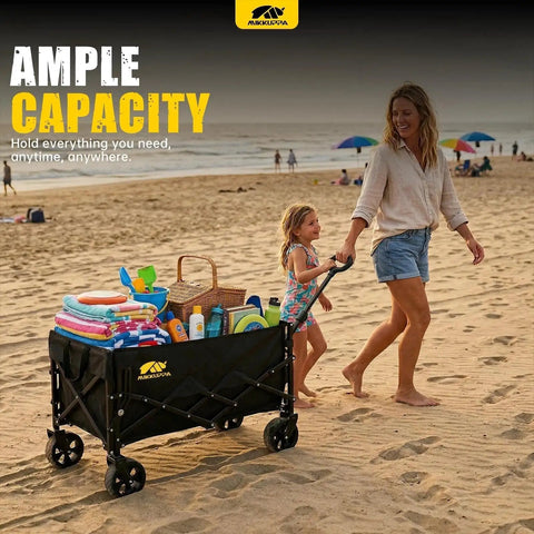 Woman and child using Foldable Wagon Cart With Drop Down Tailgate For Groceries And Gear, Heavy Duty Utility Beach Cart on sandy beach