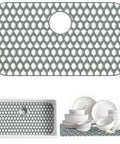 Big 30X16 Inch Silicone Sink Mat For Bottom Drain Flexible Non Slip Kitchen Sink Protector in gray with dishes on top