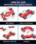 4WD Gesture Sensing RC Stunt Car With 2.4GHz Remote 360-Degree Drifts And Rotations Lights And Music Kid Friendly Toy showing motions